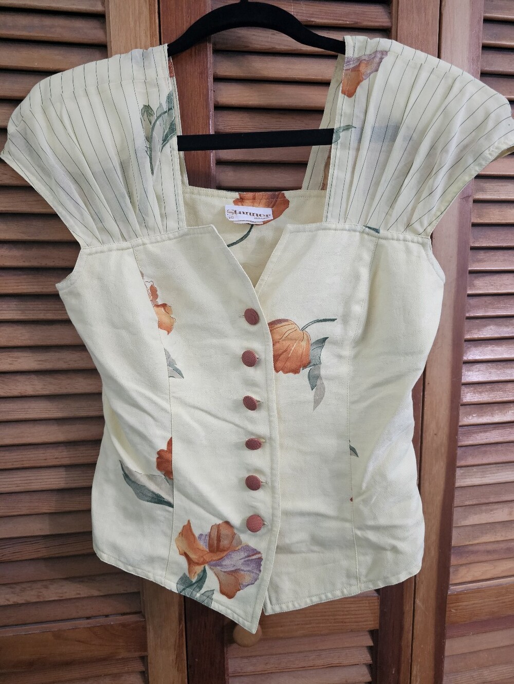 Vintage Stanner Munchen German Floral Blouse Yellow Button Front Cap Sleeve